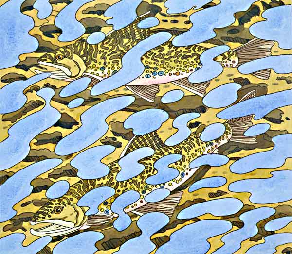 Two Trout & Reflection, 1994  hand-colored etching on Arches Cover, 22 1/4 x 26 7/8 inches, sheet, edition 60