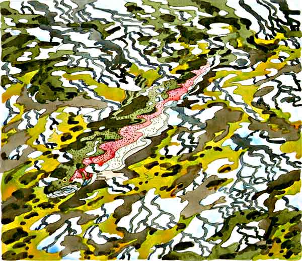 Trout and Reflected Tree, 1985
             hand-colored etching on Arches Cover, 25 3/4 x 28 inches, sheet, edition 90